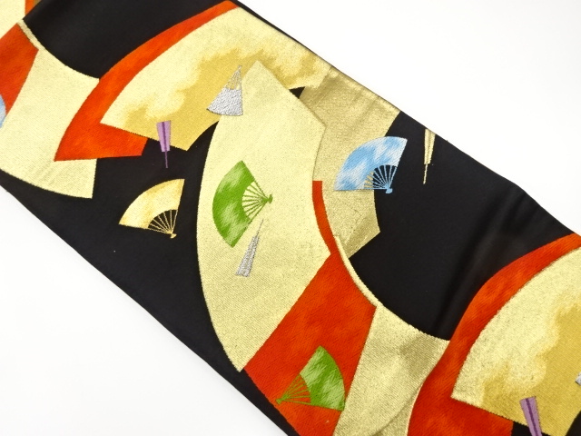 アンティーク　地紙に扇散らし模様織出し袋帯（着用可）